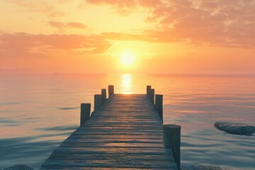 Wooden Dock Leading to the Sunset Over a Calm Sea