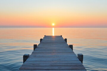 Obraz premium Wooden Dock Extending into Calm Water at Sunrise