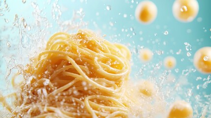 Levitating Spaghetti Carbonara Close-Up in Studio Light - High Resolution Commercial Stock Photo for Website Banner Design