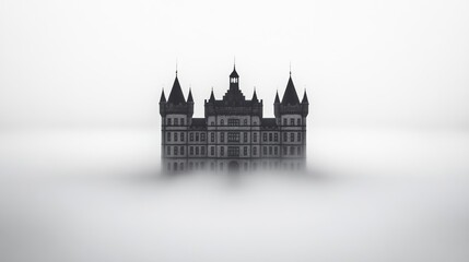 Obraz premium A medieval castle shrouded in fog, with only its towers and turrets piercing through the mist, creating a haunting and dramatic landscape 