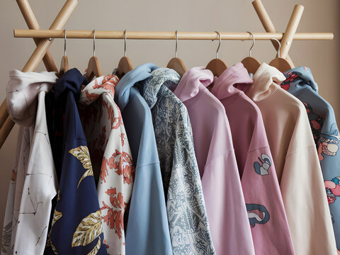 una variedad de sudaderas con estampados bohemios colgadas en un perchero
