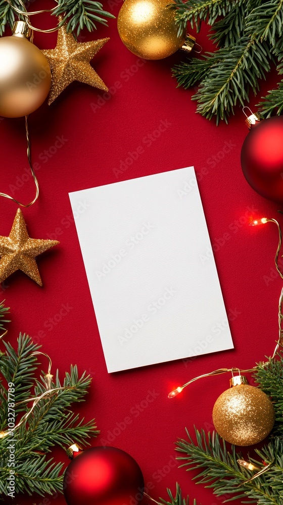 Poster Christmas mockup with a blank card resting against a velvet red background, surrounded by golden star ornaments, soft fairy lights, and lush evergreen sprigs dusted with snow 