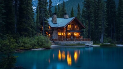 A charming wooden lodge with a warm glow stands by the sparkling Emerald Lake. Tall pine trees surround the lodge, creating a cozy ambiance in Yoho National Park, Canada.