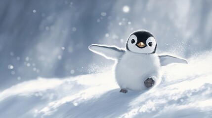 A minimalist drawing of a baby penguin sliding down a small ice slope, with a joyful expression 