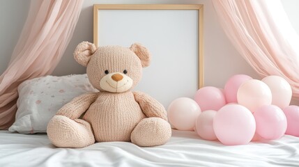 A teddy bear sits on a bed with a pillow and pink balloons.
