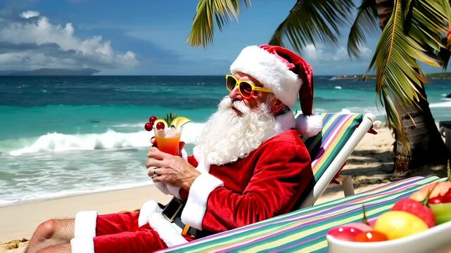 Santa Claus Relaxing on a Tropical Beach with Cocktail