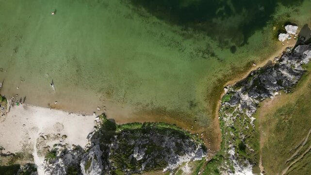 Aerial video of Landscape of lake Ritom in Piora Valley, Ticino, Switzerland