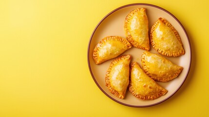 A golden plate of freshly baked empanadas served on a yellow background, perfect for sharing with friends