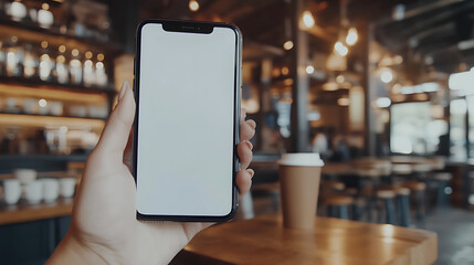 a person holding a smart phone with a coffee cup in the background