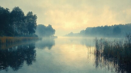 Fototapeta premium A foggy day with trees surrounding a body of water and sun peeking through the clouds in the distance
