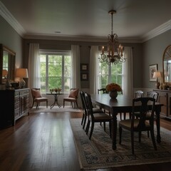 Fototapeta premium A spacious dining room with a large wooden table, chairs, and a chandelier. There are two windows on each side of the room, and a rug on the floor.