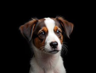 Fototapeta premium Süßer Border Collie Welpe mit ausdrucksvollen Augen vor schwarzem Hintergrund