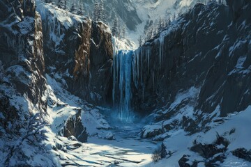 Frozen Waterfall in a Snowy Mountain Gorge