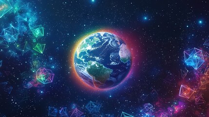   An image from outer space featuring Origami art in the foreground and distant stars in the background