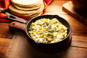Rajas con Crema. Very popular dish in Mexico that consists of strips of poblano chili with cream, it is served as a garnish or in tacos, it is a typical recipe in Mexican Tacos de Guisado.