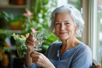 An elderly woman sits beside a window, smiling contentedly while holding a glass of water. Bright greenery surrounds her, highlighting her calm and refreshing moment.