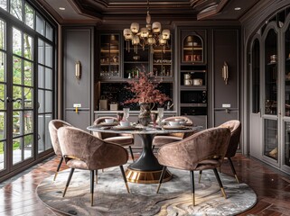 Fototapeta premium A luxurious dining room features a round table and elegant chairs. Concept of sophisticated interior design. For home decor inspiration.