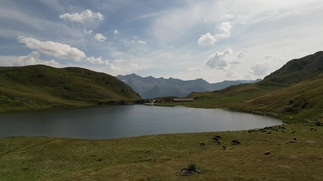 Aerial video of Landscape of lake Ritom in Piora Valley, Ticino, Switzerland