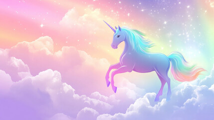 Naklejka premium A majestic unicorn leaps gracefully among vibrant pastel clouds at dawn