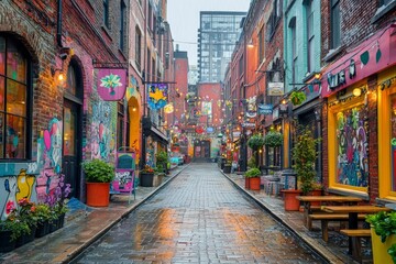 Fototapeta premium Narrow Cobblestone Street Lined with Colorful Brick Buildings and Shops