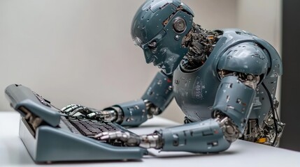 Fototapeta premium A humanoid robot with exposed gears and wires, sits at a desk and types on a typewriter.