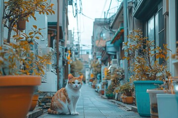 A White and Orange Cat Sitting in a Narrow Japanese Alleyway