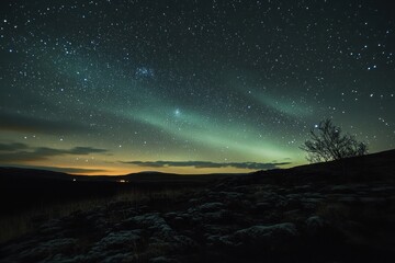Fototapeta premium Silhouetted Landscape Under a Starry Night Sky with Aurora Borealis