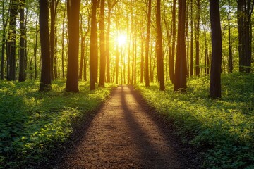 Fototapeta premium Sunlit Forest Path with Green Undergrowth
