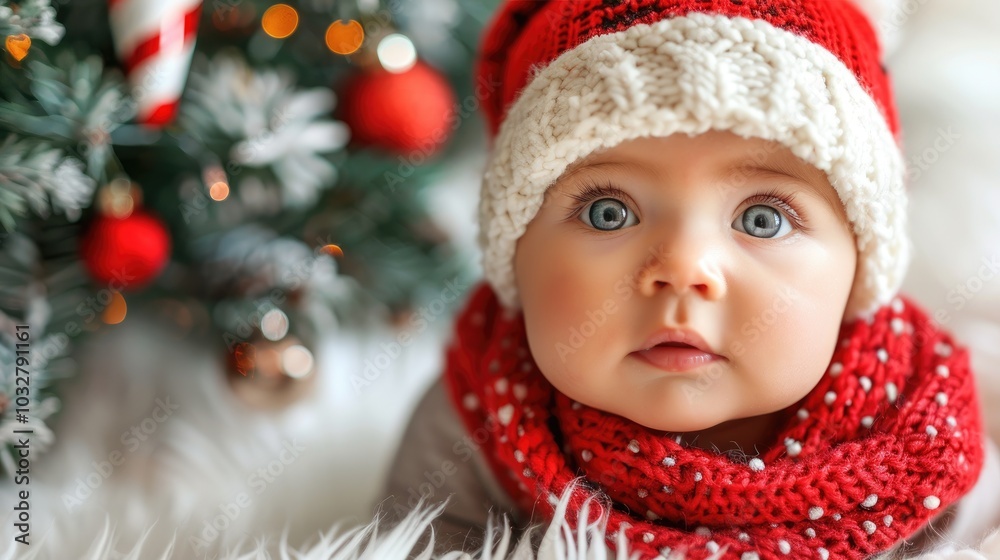 Wall mural A charming baby gazes curiously with wide, bright blue eyes, showcasing an innocent wonder