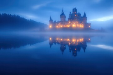 A Mystical Castle Reflecting in a Foggy Lake at Dusk