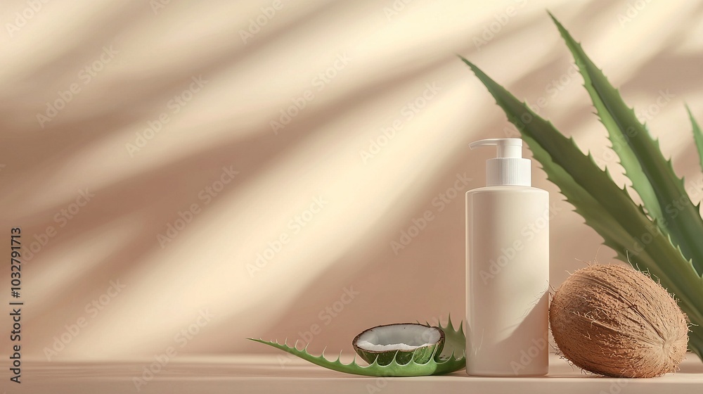 Wall mural   A close-up bottle of lotion, an aloe vera plant, and a coconut on a table