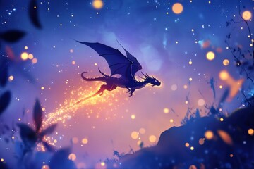 Naklejka premium Silhouette of a Dragon Flying with Sparks in a Night Sky