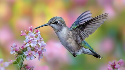 Fototapeta premium A clearer image of a hummingbird hovering over a flower with a blurry background of pink and white flowers in the foreground would be more visually appealing