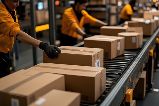Workers in orange uniforms sort and process packages on a conveyor belt inside a busy warehouse, demonstrating the efficiency of modern logistic operations.
