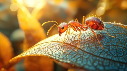   Close-up of a group of ants on a green leaf under the sun