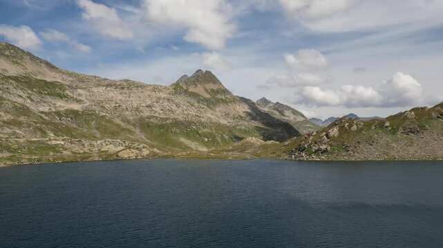 Aerial video of Landscape of lake Ritom in Piora Valley, Ticino, Switzerland