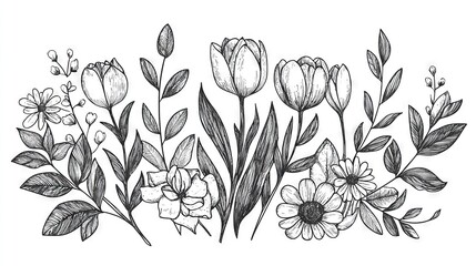   A monochrome illustration featuring an array of blooms, foliage, and sprouts against a pristine backdrop, accommodating text insertion