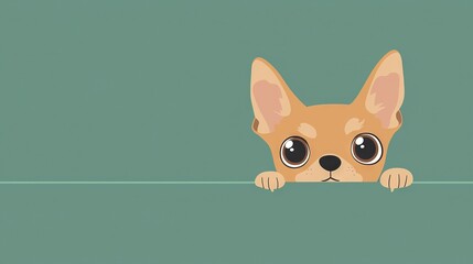 Obraz premium A dog, brown with large eyes, peeks from behind the green wall, with a line in front