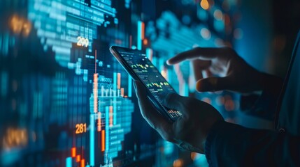 A person uses a smartphone to analyze data on a digital screen with graphs. Concept of technology and financial analysis. For technology and finance blogs