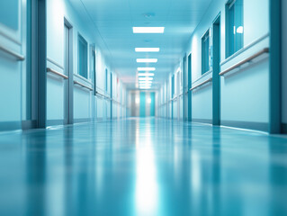Obraz premium A quiet, sterile hospital corridor illuminated by soft lighting during the early evening hours