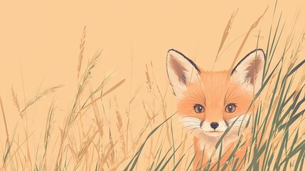  A painted fox, gazing sadly at the viewer, surrounded by tall grass in a field