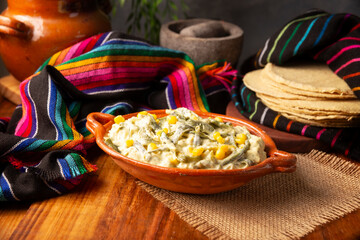 Rajas with Cream. Very popular dish in Mexico that consists of strips of poblano chili with cream, it is served as a garnish or in tacos, it is a typical recipe in Mexican Tacos de Guisado.
