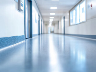 A quiet, sterile hospital corridor illuminated by soft lighting during the early evening hours