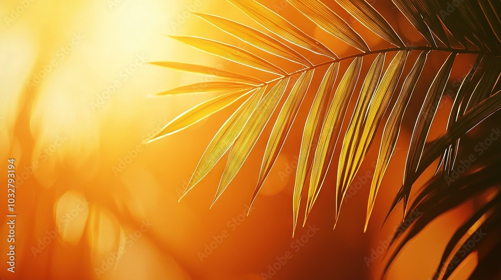 Canvas Prints   A close-up of a palm leaf with sunlight filtering through the background of palm tree leaves