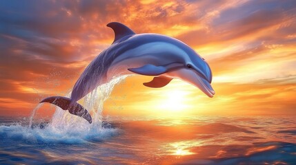 Fototapeta premium A dolphin leaps out of the water against a vibrant sunset sky.