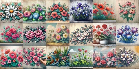 Fototapeta premium Street art Flowers painted on the concrete wall. AI generated illustration