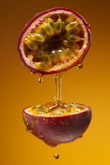 A halved fruit with seeds and juice spills against an orange background. Concept is vibrant freshness. For food or beverage advertising.