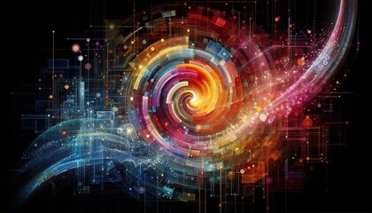 Obraz premium abstract background of multi-colored spiral particles, dots, circles, lines on a black background