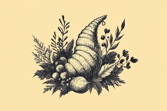black and white cornucopia with leaves and fruit clip art preview
