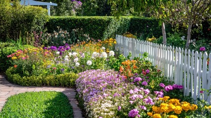 Obraz premium Tranquil garden with a variety colorful flowers and neatly trimmed hedges, surrounded by a white picket fence